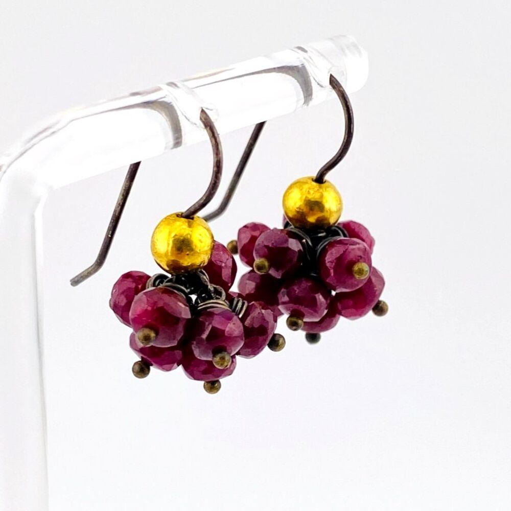 Natural Ruby Berry Cluster Earrings Oxidized Sterling 18K Gold OOAK